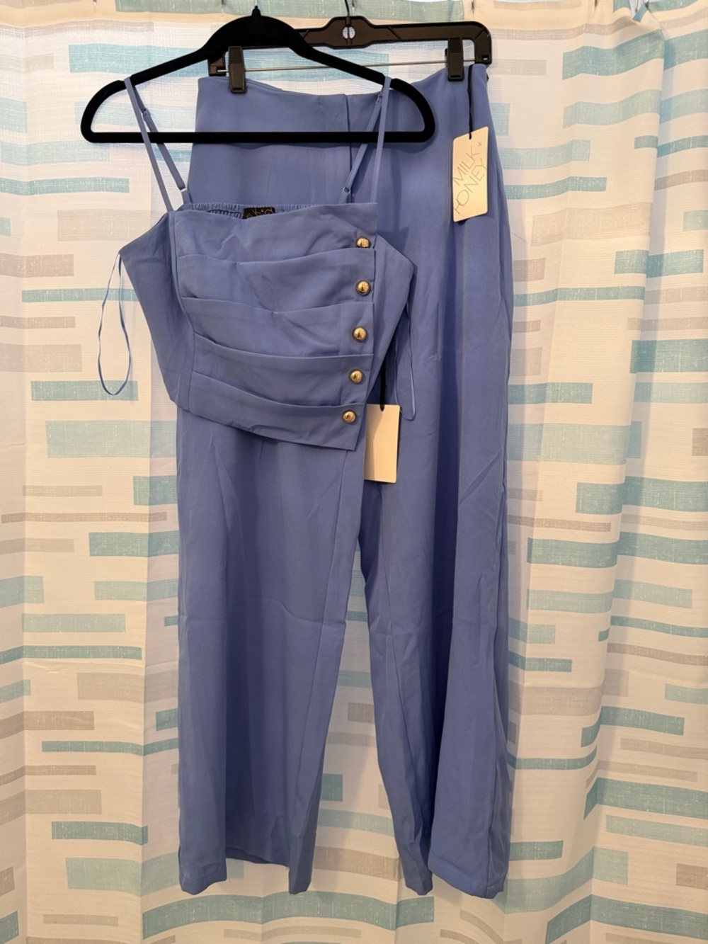Two-Piece Wide Leg Jumpsuit Set in Periwinkle Blue with Gold Buttons